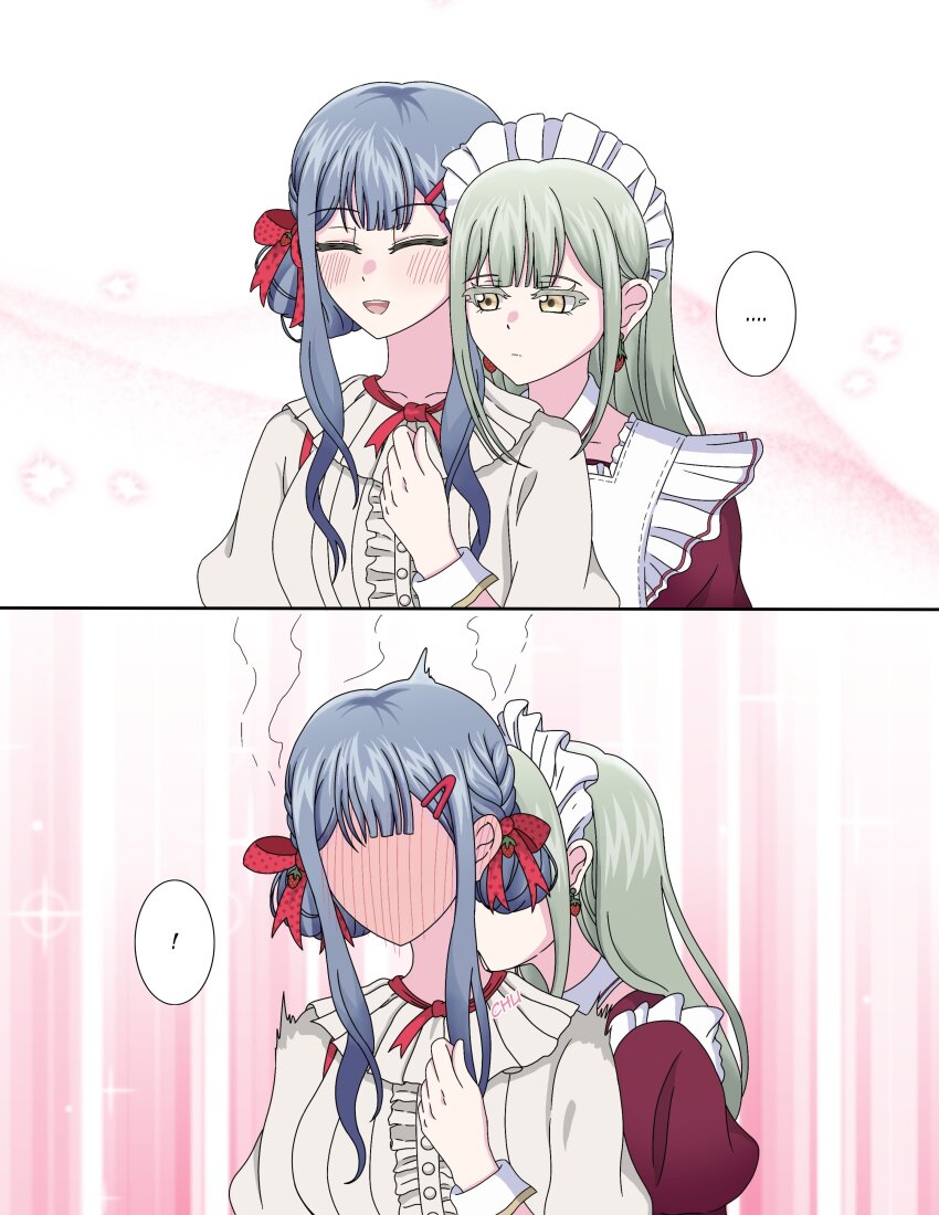 ! ... 2girls absurdres bang_dream! bang_dream!_it&#039;s_mygo!!!!! blue_hair blush closed_eyes closed_mouth commentary dress english_commentary full-face_blush green_hair hair_ornament hair_ribbon hairclip head_steam highres kiss kissing_neck long_hair maid_headdress mtskmortis multiple_girls parted_lips red_dress red_ribbon ribbon shirt spoken_ellipsis spoken_exclamation_mark togawa_sakiko wakaba_mutsumi white_headdress white_shirt yellow_eyes yuri