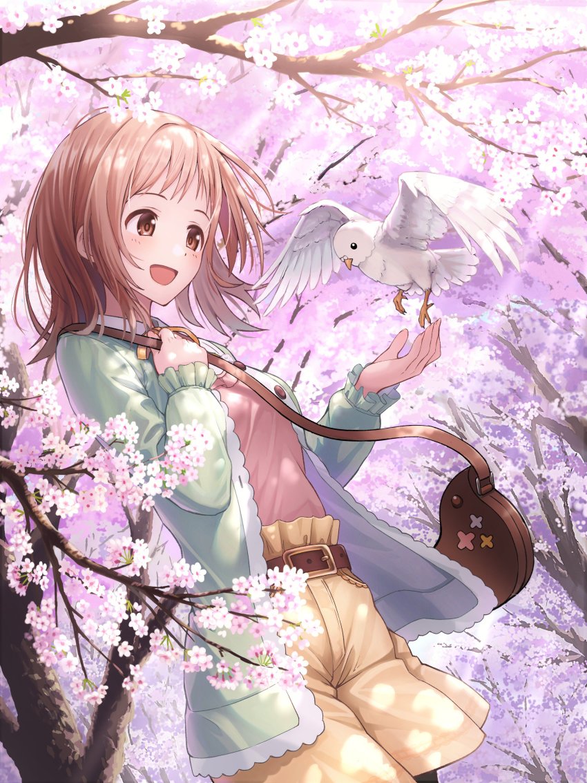 1girl absurdres bag belt brown_belt brown_eyes brown_hair cardigan carrying cherry_blossoms closed_mouth dappled_sunlight day dutch_angle green_cardigan handbag high-waist_shorts highres idolmaster idolmaster_shiny_colors macha0331 medium_hair open_cardigan open_clothes pink_shirt sakuragi_mano shirt shorts smile solo spring_(season) standing sunlight tree yellow_shorts