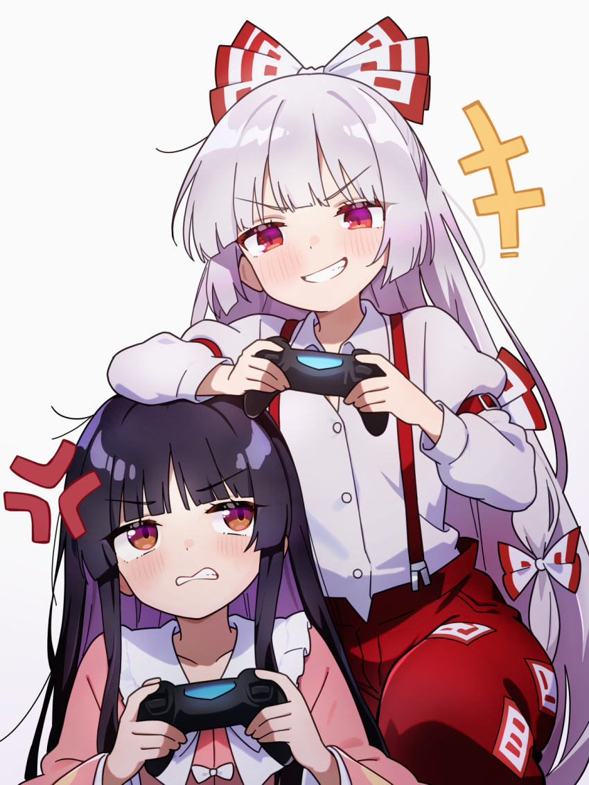 +++ 2girls anger_vein angry arm_belt arm_on_another&#039;s_head arm_rest black_hair blush bow bowtie brown_eyes chikuzen1996 collared_shirt commentary_request controller frilled_shirt_collar frills fujiwara_no_mokou game_controller grey_background grey_hair grin hair_bow highres holding holding_controller holding_game_controller houraisan_kaguya long_hair long_sleeves multiple_girls multiple_hair_bows pants pink_shirt playing_games playstation_controller red_eyes red_pants shirt simple_background smile suspenders touhou very_long_hair white_bow white_bowtie white_shirt wide_sleeves wireless_game_controller