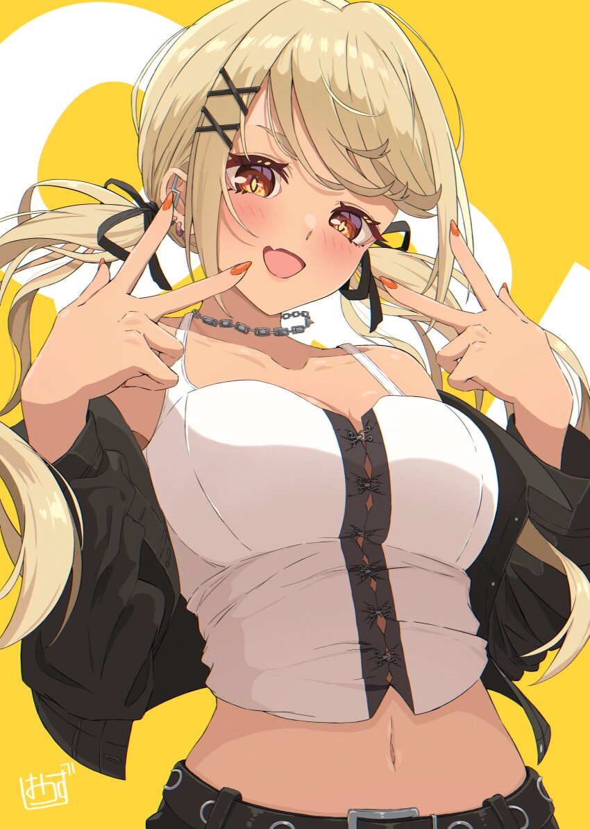 1girl absurdres belt black_belt black_jacket blonde_hair blush breasts commentary crop_top dark-skinned_female dark_skin double_inward_v double_v fang hair_ornament hair_tie highres jacket jewelry kaminari_qpi kaminari_qpi_(3rd_costume) long_hair looking_at_viewer low_twintails mussan navel necklace open_clothes open_jacket open_mouth orange_eyes orange_nails solo twintails v virtual_youtuber vspo! x_hair_ornament