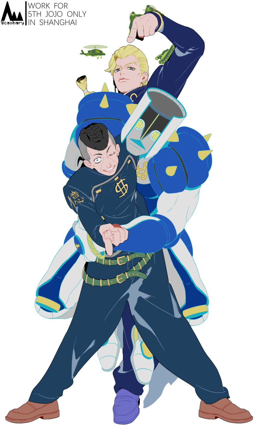 3boys ah-64_apache aircraft arrow_earrings attack_helicopter bad_company_(stand) black_hair blonde_hair diamond_wa_kudakenai dollar_sign earrings facial_mark gakuran grey_hair helicopter highres hug hug_from_behind jewelry jojo_no_kimyou_na_bouken male_focus military military_vehicle morikiri motor_vehicle multicolored_hair multiple_boys nijimura_keicho nijimura_okuyasu one_eye_closed pointing pointing_at_viewer pompadour school_uniform soldier stand_(jojo) tank the_hand_(stand) toy_soldier two-tone_hair yen_sign