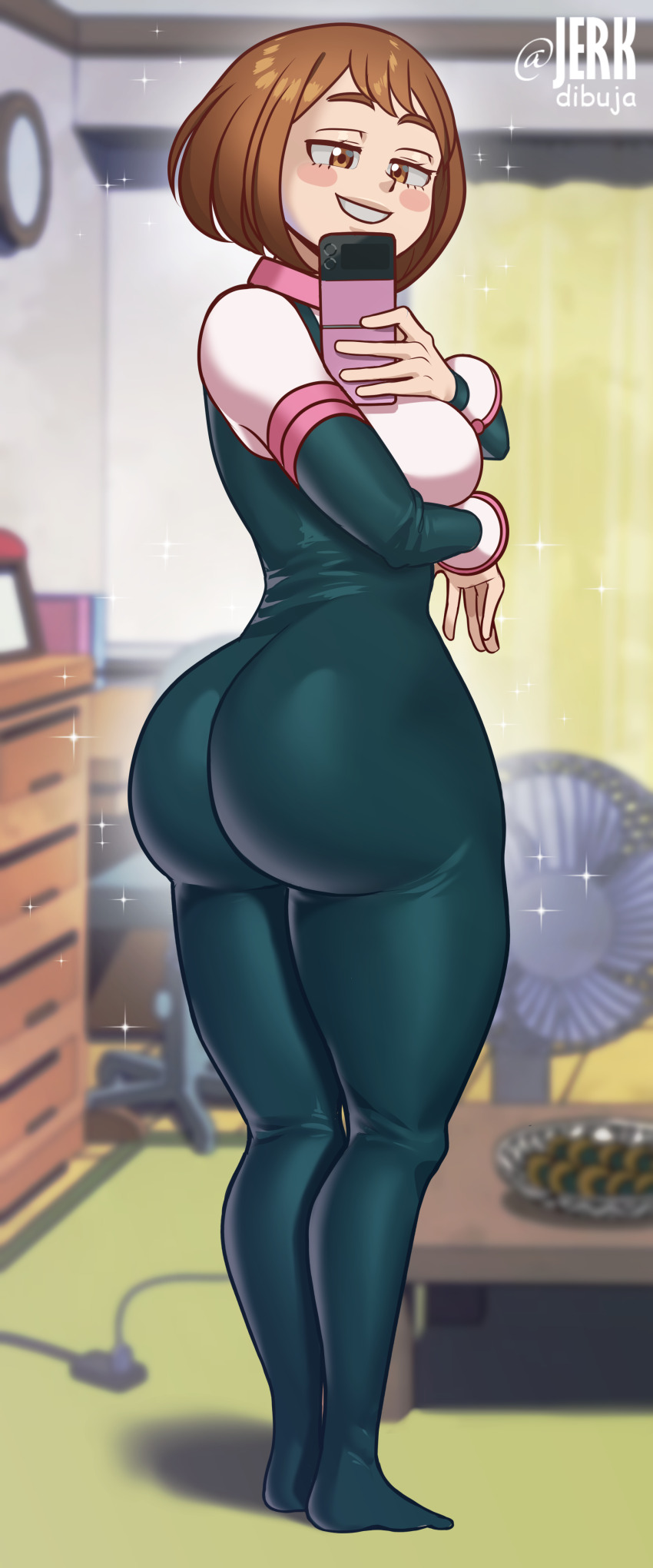 1girl absurdres apervertguy ass bodysuit boku_no_hero_academia breasts brown_eyes brown_hair cellphone highres holding holding_phone jerkdibuja large_breasts phone selfie short_hair skin_tight solo spandex superhero_costume uraraka_ochako