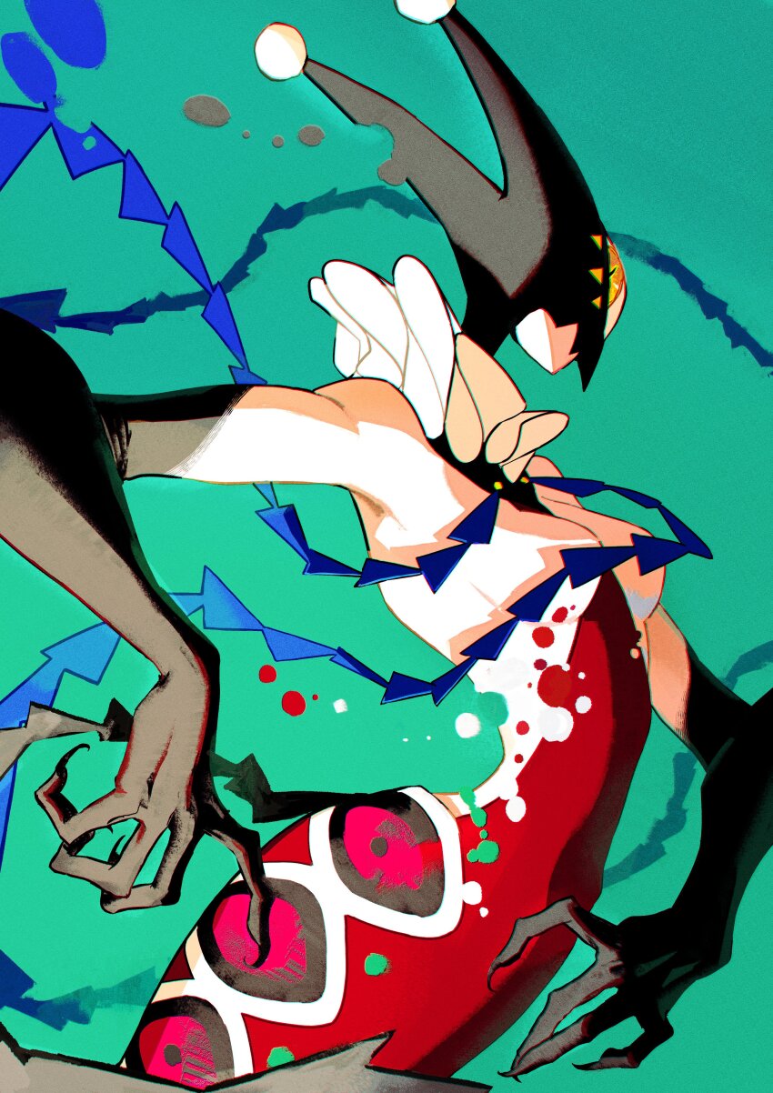 1girl absurdres aqua_background claws cowboy_shot dress highres looking_at_viewer momomo_906 neck_ruff one-eyed original red_dress solo strapless strapless_dress yellow_eyes