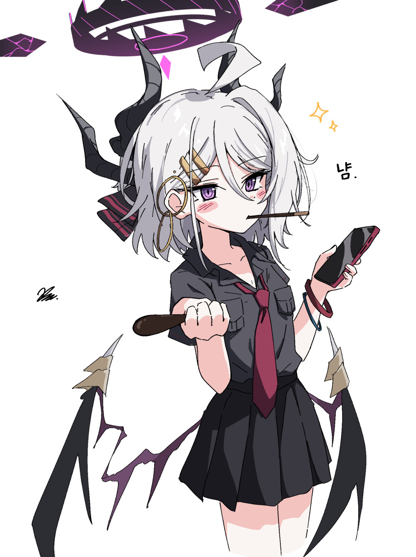 1girl ahoge alternate_costume alternate_hair_length alternate_hairstyle black_shirt black_skirt blue_archive blush bracelet cellphone closed_mouth demon_girl demon_horns demon_wings food food_in_mouth green_hair hair_between_eyes hair_ornament hairclip halo hands_up highres hina_(blue_archive) holding holding_phone horns jewelry kiroshi low_wings medium_hair miniskirt multiple_horns necktie phone pleated_skirt pocky pocky_in_mouth purple_eyes red_necktie shirt short_sleeves simple_background single_hair_intake skirt smartphone solo white_background wings
