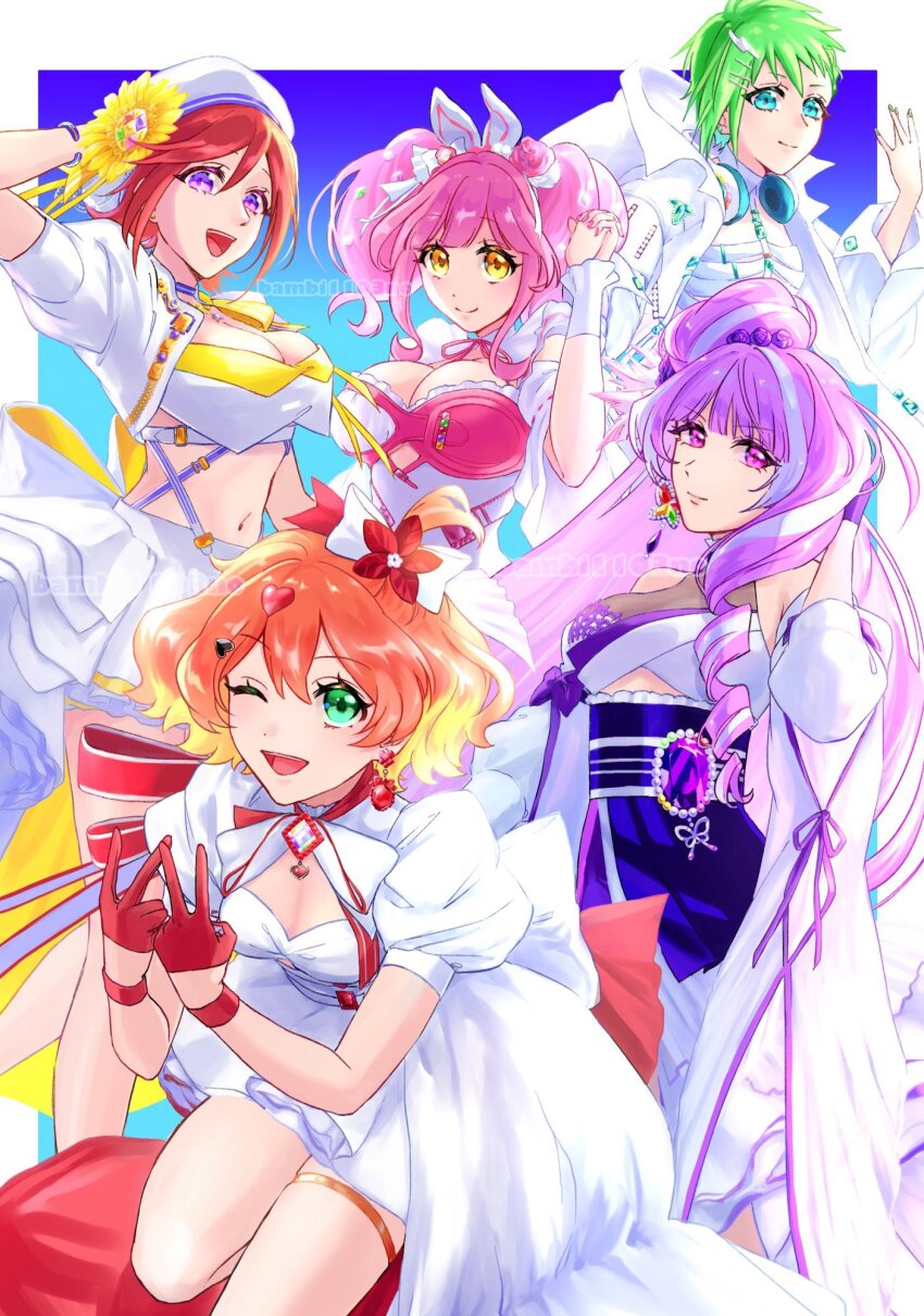 5girls anno_(bambi1103no) blonde_hair blue_eyes bow breasts brown_eyes cleavage dress flower freyja_wion gloves green_eyes green_hair hair_between_eyes hair_bow hair_ornament hat headphones heart heart_hair_ornament highres hood hoodie jewelry kaname_buccaneer large_breasts long_hair looking_at_viewer macross macross_delta macross_delta:_zettai_live!!!!!! makina_nakajima medium_breasts mikumo_guynemer multicolored_hair multiple_girls navel open_mouth orange_hair pink_hair pointy_ears purple_eyes purple_hair red_eyes red_hair reina_prowler shirt short_hair skirt smile streaked_hair twintails two-tone_hair very_long_hair walkure_(macross_delta) white_dress