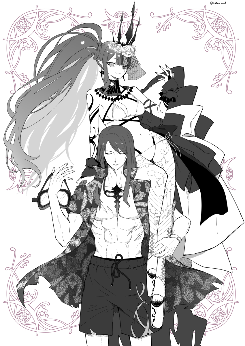 1boy 1girl baobhan_sith_(fate) baobhan_sith_(swimsuit_pretender)_(fate) baobhan_sith_(swimsuit_pretender)_(third_ascension)_(fate) bikini carrying closed_eyes fate/grand_order fate_(series) flower goggles goggles_around_neck greyscale hair_flower hair_ornament hawaiian_shirt highres male_swimwear monochrome nail_polish navel one_eye_closed platform_footwear pointy_ears scar scar_on_chest shirt shoulder_carry side_ponytail smile swim_trunks swimsuit torinonest tristan_(chicken_of_luluhawa)_(fate) tristan_(fate)