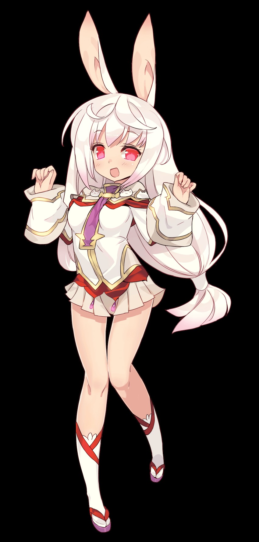 1girl absurdres animal_ears blade_(galaxist) breasts choker cleavage female_focus full_body highres kirara_ookami long_hair long_sleeves low-tied_long_hair medium_breasts multicolored_hair official_art open_mouth pink_hair pleated_skirt pop-up_story rabbit_ears rabbit_girl rabbit_pose red_eyes skirt smile solo transparent_background white_hair