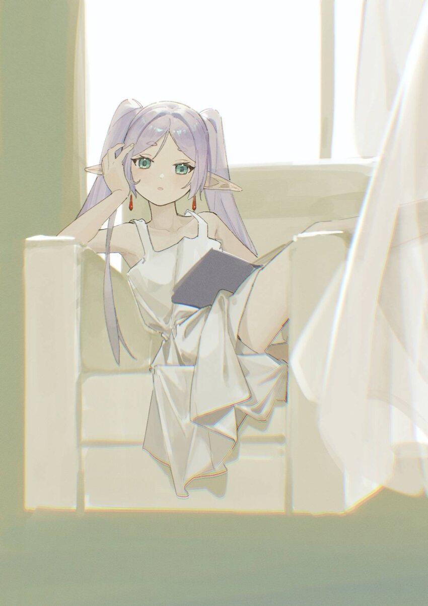 1girl bare_shoulders book chair cic_tatsumi collarbone commentary_request curtains dress earrings elf floating_earrings frieren green_eyes grey_hair head_on_hand highres holding holding_book indoors jewelry looking_at_viewer on_chair parted_bangs pointy_ears sitting solo sousou_no_frieren white_curtains white_dress window