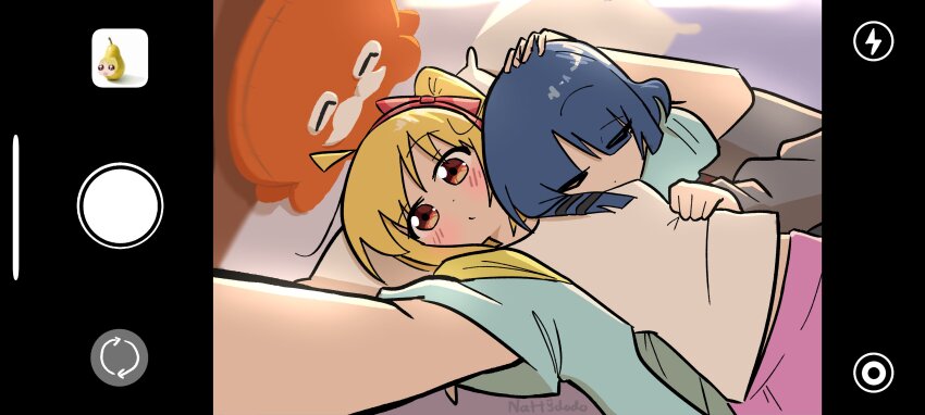 2girls ^_^ absurdres bed blonde_hair blue_hair blue_jacket blush bocchi_the_rock! bow closed_eyes food fruit grey_sweater gripping_clothes hair_ornament hairclip hand_on_another&#039;s_head highres holding holding_phone ijichi_nijika jacket multiple_girls nattydodo_002 on_bed pear phone pillow pink_skirt polka_dot polka_dot_bow red_eyes selfie shirt short_hair side_ponytail skirt sleeping sleeping_on_person stuffed_animal stuffed_squid stuffed_toy sweater viewfinder white_shirt yamada_ryo yuri