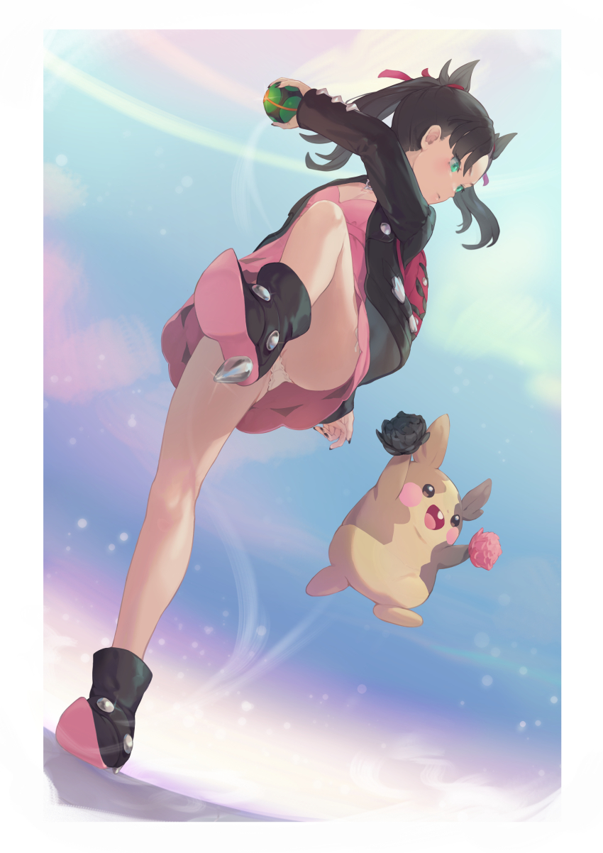 1girl absurdres arm_behind_back asymmetrical_bangs backpack bag bare_legs bibimbub black_footwear black_hair black_jacket black_nails boots closed_mouth dress dusk_ball flat_chest floating_hair from_below full_body gen_8_pokemon green_eyes hair_ribbon highres holding holding_poke_ball holding_pom_poms jacket jumping looking_ahead marnie_(pokemon) morpeko morpeko_(full) nintendo panties pantyshot pink_boots pink_dress poke_ball pokemon pokemon_(creature) pokemon_swsh pom_pom_(cheerleading) pom_poms ribbon soles standing standing_on_one_leg thighs throwing throwing_poke_ball twintails underwear white_panties