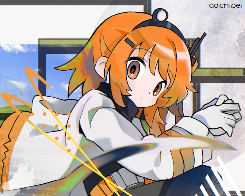 1girl a.i._voice adachi_rei black_sweater bliss_(image) character_name closed_mouth gloves headlamp highres jacket long_sleeves looking_at_viewer microsoft_windows morizo_(morizoshop) one_side_up open_clothes open_jacket orange_eyes orange_hair solo sweater turtleneck turtleneck_sweater utau white_gloves white_jacket window_(computing) desktop_(computing) windows_xp