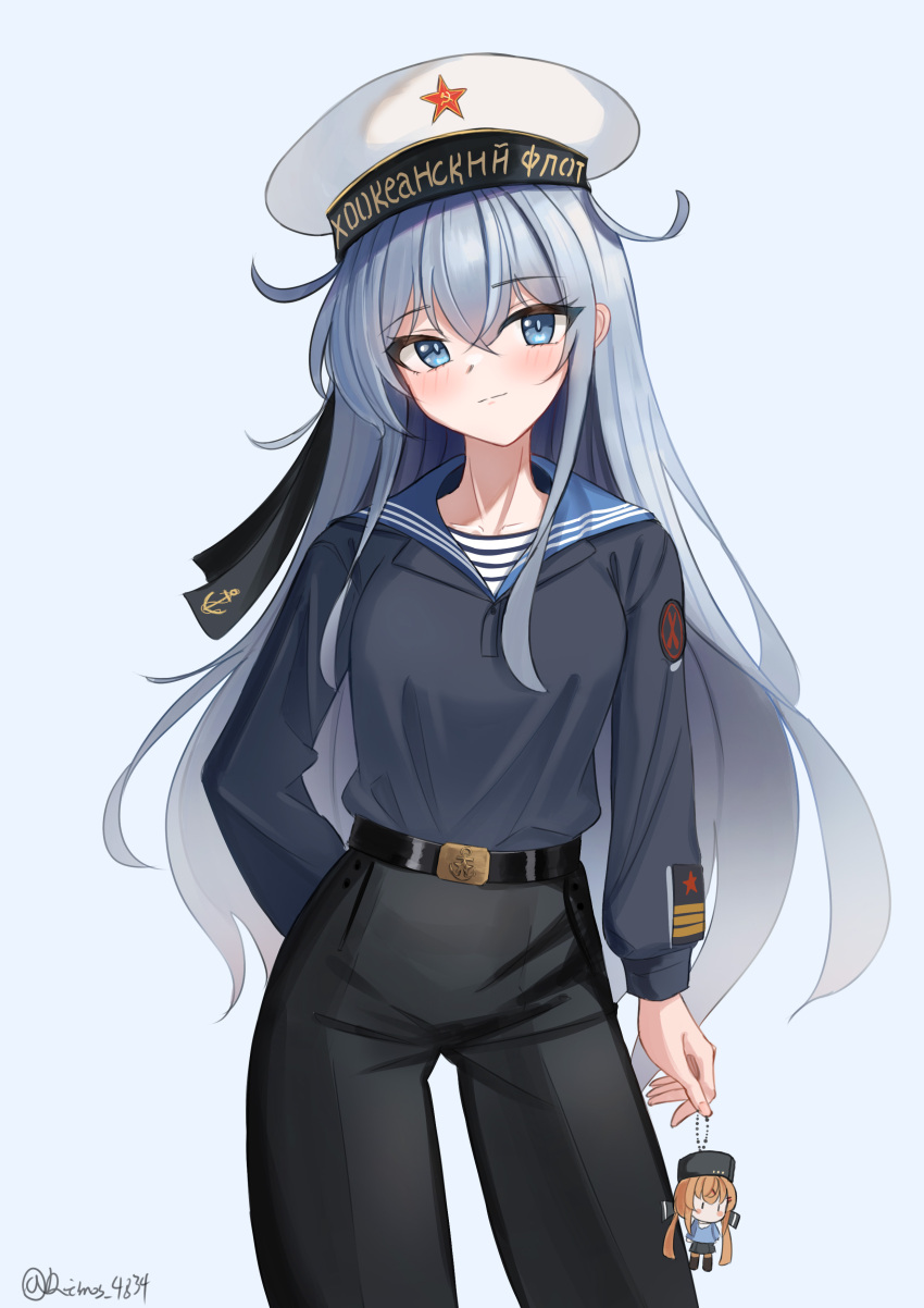 1girl absurdres alternate_costume black_pants blue_eyes blue_sailor_collar blue_serafuku character_doll corrupted_twitter_file cyrillic dimos_(dawn_1945) grey_hair hammer_and_sickle hat hibiki_(kancolle) highres kantai_collection long_hair military_uniform naval_uniform naval_working_uniform pants russian_text sailor_collar sailor_shirt school_uniform serafuku shirt simple_background solo soviet soviet_navy striped_clothes striped_shirt tashkent_(kancolle) telnyashka verniy_(kancolle) white_background white_hat