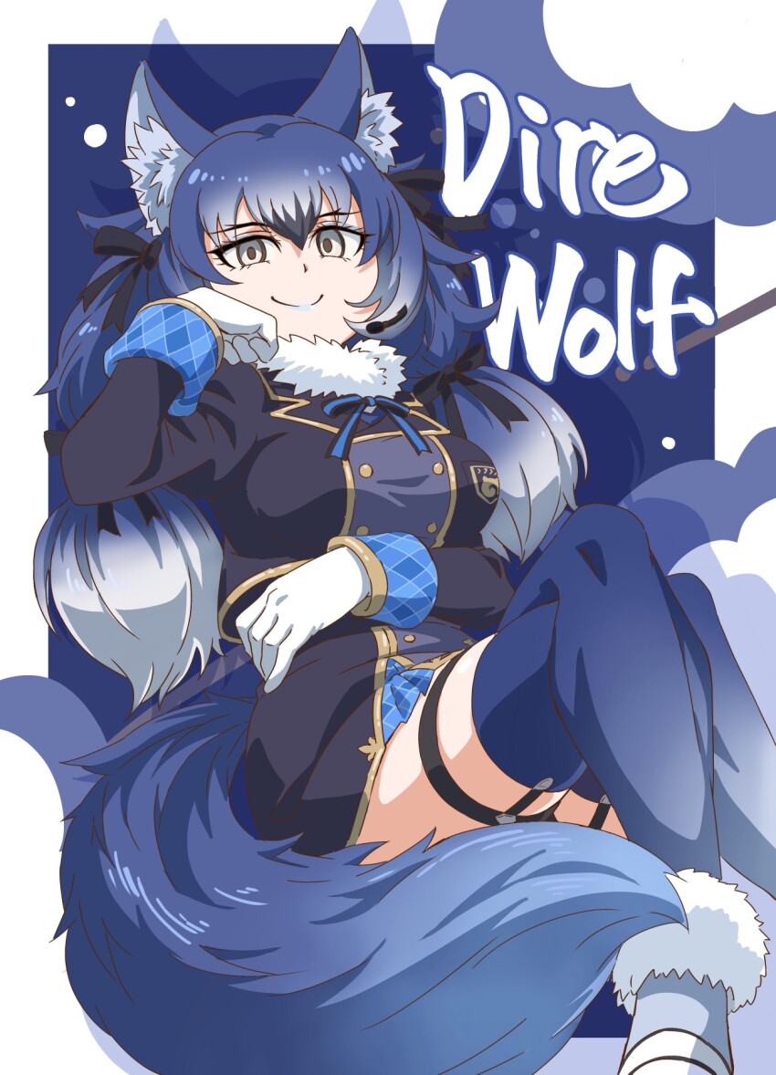 1girl animal_ears blue_hair bow bowtie dire_wolf_(kemono_friends) extra_ears garter_straps gloves grey_hair highres jacket kemono_friends kemono_friends_v_project lipstick long_hair looking_at_viewer makeup ribbon shoes simple_background skirt solo tail thighhighs twintails virtual_youtuber wolf_ears wolf_girl wolf_tail yamaguchi_yoshimi