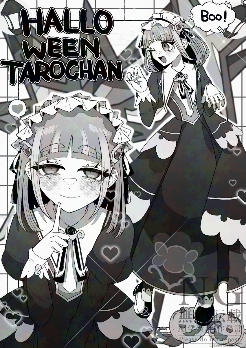 1girl ;d absurdres character_name closed_mouth commentary_request dress eyelashes greyscale hair_ornament hairclip highres index_finger_raised jack-o&#039;-lantern juliet_sleeves lacey_(fall_2025)_(pokemon) lacey_(pokemon) long_sleeves looking_at_viewer maid maid_headdress monochrome multiple_views nintendo official_alternate_costume one_eye_closed open_mouth pokemon pokemon_masters_ex puffy_sleeves short_hair smile ssandesu