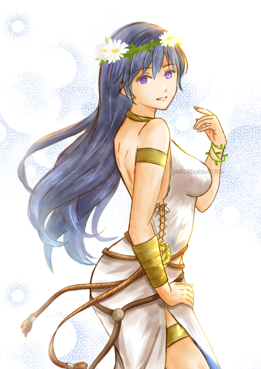 1girl alternate_breast_size_(larger) armlet ass back backless_dress backless_outfit bare_shoulders blue_eyes blue_hair bracelet brand_of_the_exalt breasts dress female_focus fingernails fire_emblem fire_emblem_awakening fire_emblem_heroes flower flower_bracelet from_side hair_between_eyes hair_flower hair_ornament hand_on_own_hip hand_up happy highres intelligent_systems jewelry legs long_hair looking_at_viewer lucina_(fire_emblem) lucina_(valentine)_(fire_emblem) matching_hair/eyes medium_breasts moverabbit0305 neck nintendo no_bra official_alternate_costume parted_lips shoulder_blades side_slit sidelocks sleeveless sleeveless_dress smile standing sundress thighlet thighs turning_head white_dress