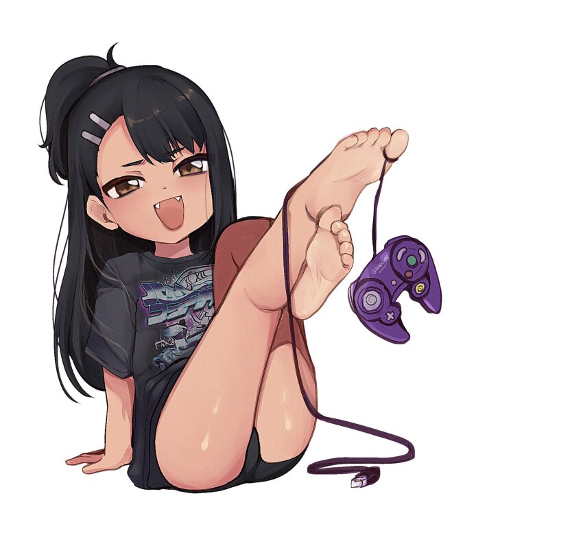 1girl black_hair black_panties black_shirt blush brown_eyes controller fangs feet female_focus foot_focus gamecube_controller hair_ornament hairclip highres ijiranaide_nagatoro-san legs loli looking_at_viewer meemz_a nagatoro_hayase panties ponytail shirt solo thighs toes underwear white_background