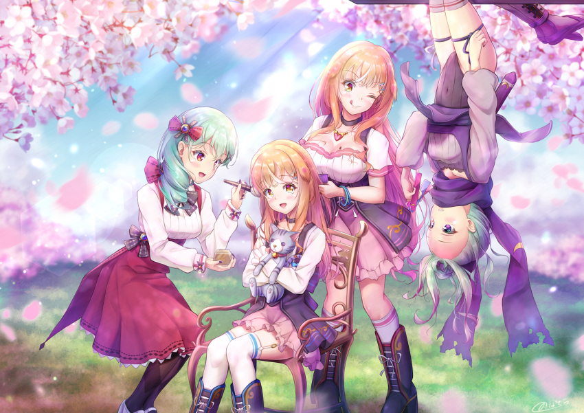 1boy 3girls akizora_mina akizora_mona bare_shoulders blue_eyes blush boots breasts brother_and_sister cat cherry_blossoms dress green_hair hairline hanging highres large_breasts leotard long_hair low_ponytail makeup mary_janes multiple_girls nail_polish natsusora_aona natsusora_wakana ninja novady one_eye_closed open_mouth orange_eyes orange_hair original ponytail red_eyes scarf shiny_skin shoes siblings sisters skirt smile stuffed_animal stuffed_toy thighhighs tongue tongue_out trap twins upside-down wink