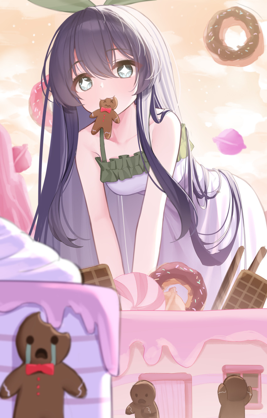 1girl absurdres all_fours bare_shoulders black_hair breasts cake candy collarbone commentary_request crying donut dress eating fang food frilled_dress frills gingerbread_man green_eyes highres living_food long_hair original small_breasts sparkling_eyes very_long_hair wafer wafer_stick white_dress wlswlp