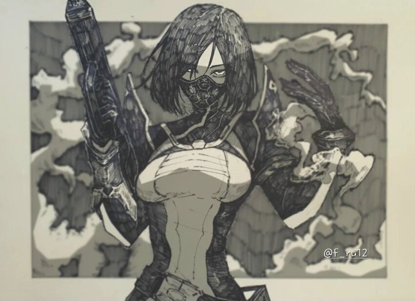 1girl artist_name bodysuit breasts commentary english_commentary epeulu_(ate5424) gas gloves greyscale gun holding holding_gun holding_weapon looking_at_viewer marker_(medium) mask monochrome mouth_mask respirator short_hair signature smoke solo traditional_media two-tone_bodysuit valorant viper_(valorant) weapon