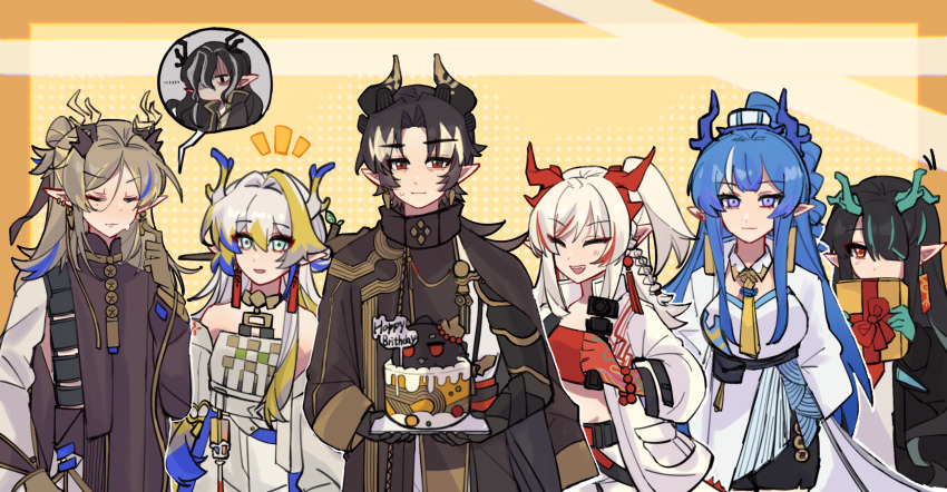 3boys 4girls :d ^_^ absurdres action_camera aqua_eyes arknights bandeau bare_shoulders beads black_hair black_robe blonde_hair blue_hair bolo_tie box brother_and_sister brown_hair brown_robe cake camera chinese_commentary chongyue_(arknights) closed_eyes closed_mouth colored_extremities commentary_request covered_mouth dated_commentary dragon_bubble_(arknights) dragon_girl dragon_horns dusk_(arknights) ear_piercing earrings family food gift gift_box green_hair group_picture hair_intakes hair_over_one_eye happy_birthday he_lianlianlianlian_mo_da_yu_02262 high_collar highres holding holding_camera holding_gift horns jacket jewelry ling_(arknights) long_hair long_sleeves looking_at_another looking_at_viewer mole mole_under_eye multicolored_hair multiple_boys multiple_girls necklace necktie nian_(arknights) notice_lines off_shoulder one_eye_covered open_clothes open_jacket open_mouth orange_eyes pants parted_bangs piercing pointy_ears purple_eyes red_bandeau red_eyes red_hair robe shaded_face shu_(arknights) siblings sisters smile spoken_character standing strapless streaked_hair sweatdrop tube_top video_camera wang_(arknights) white_hair white_jacket white_pants white_tube_top yellow_necktie ji_(arknights)