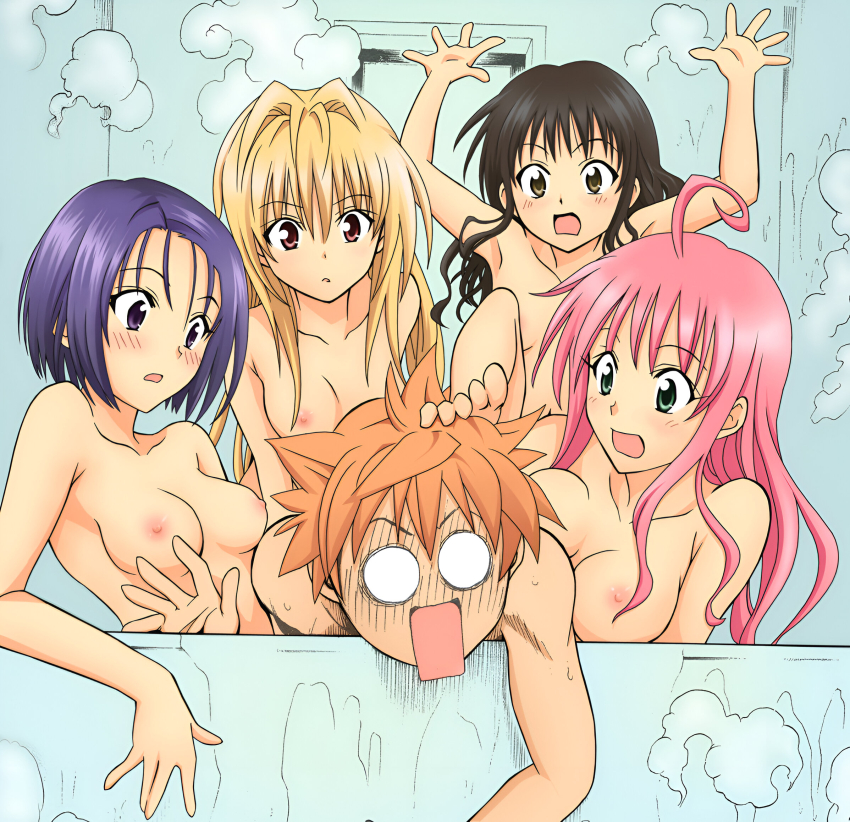 00s 1boy 4girls :o age_difference ahoge armpits barefoot bath bathing bathroom bathtub bent_over black_hair blonde_hair blue_hair blush bob_cut breasts breasts_apart brother_and_sister brown_hair colorized feet foot_on_head green_eyes hair_intakes harem highres indoors konjiki_no_yami lala_satalin_deviluke loli long_hair mixed-sex_bathing multiple_girls nipples no_pupils nude official_art parted_lips pink_hair purple_eyes purple_hair red_eyes sairenji_haruna shared_bathing short_hair siblings small_breasts spiked_hair steam stepped_on surprised to_love-ru toes upper_body water wet wide-eyed yabuki_kentarou yellow_eyes yuuki_mikan yuuki_rito