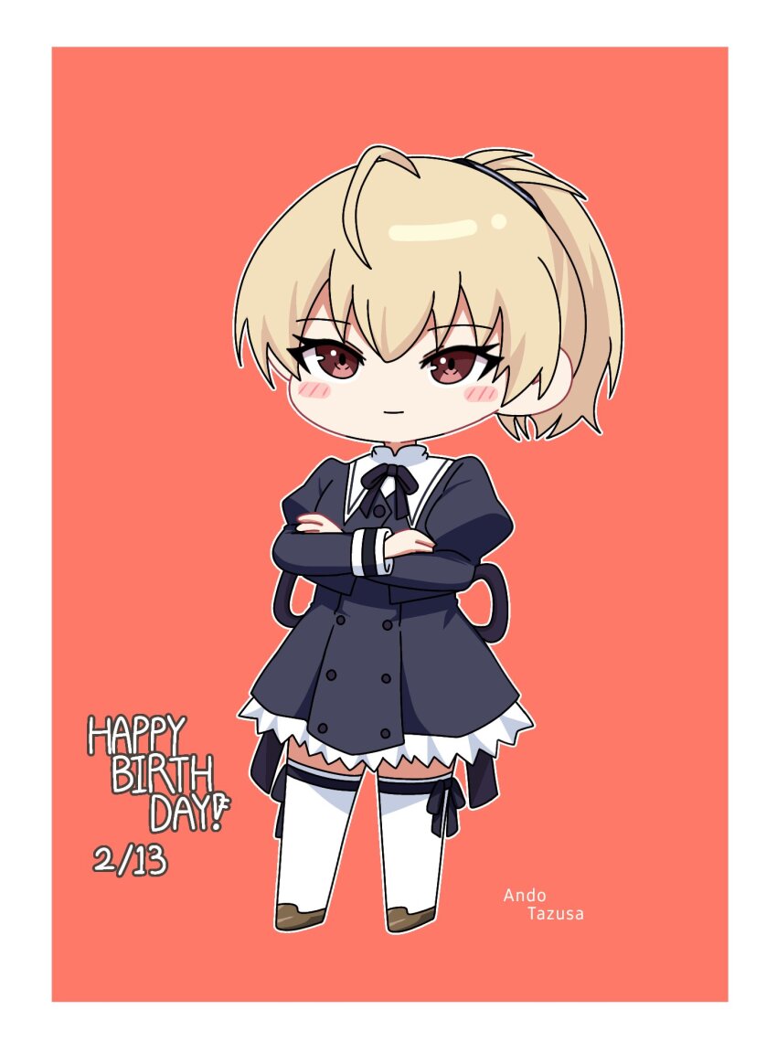 1girl ahoge ando_tazusa assault_lily black_ribbon black_skirt blonde_hair blush border brown_shoes buttons character_name chibi closed_mouth commentary cropped_jacket crossed_arms frilled_skirt frills full_body hair_ribbon happy_birthday high-waist_skirt highres juliet_sleeves leg_ribbon light_smile long_sleeves looking_at_viewer miniskirt neck_ribbon outline ponytail puffy_sleeves red_background red_eyes ribbon school_uniform shoes short_hair simple_background skirt solo standing striped_ribbon thigh_ribbon thighhighs white_border white_outline white_thighhighs yui_(yui1115_) yurigaoka_girls_academy_school_uniform zettai_ryouiki