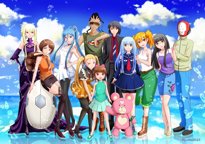 10s 3boys 6+girls aoki_hagane_no_arpeggio chihaya_gunzou cloud day dress egg formal_clothes haruna_(aoki_hagane_no_arpeggio) hazumi_shizuka hyuuga_(aoki_hagane_no_arpeggio) iona_(aoki_hagane_no_arpeggio) kashihara_kyouhei kirishima_(aoki_hagane_no_arpeggio) kongou_(aoki_hagane_no_arpeggio) long_hair mask multiple_boys multiple_girls oribe_sou osakabe_makie pantyhose poifuru_hana sailor short_hair standing stuffed_animal stuffed_toy suit takao_(aoki_hagane_no_arpeggio) teddy_bear thighhighs watanuki_iori yotarou_(aoki_hagane_no_arpeggio)
