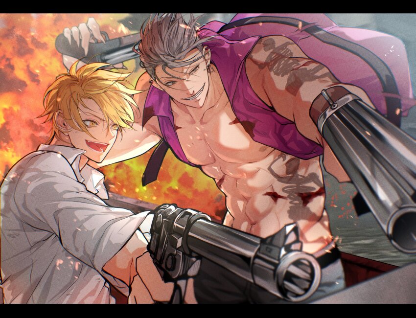 2boys abs bakshi_christensen blonde_hair collared_shirt fingernails fire giancarlo_bourbon_del_monte grey_eyes grey_hair grey_pants grin gun highres holding holding_gun holding_weapon lucky_dog_1 male_focus miyamoyan multiple_boys muscular muscular_male navel nipples open_clothes open_mouth open_shirt pants pectorals purple_shirt sharp_fingernails shirt short_hair sleeveless sleeveless_shirt smile tattoo teeth upper_body weapon white_shirt yellow_eyes