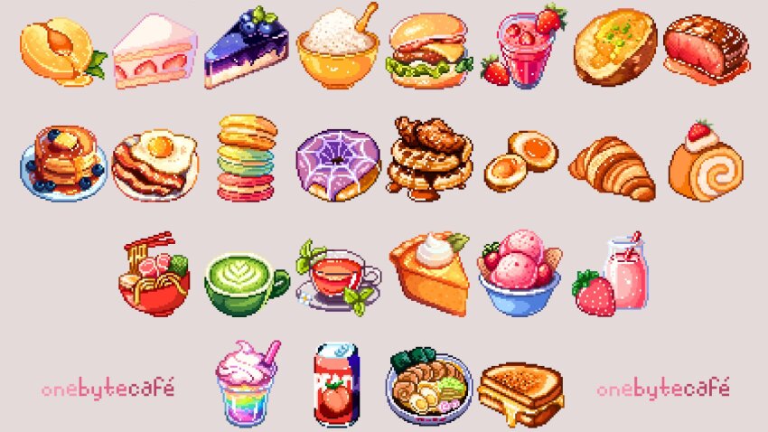 artist_name bacon blueberry bow bread bread_slice burger cake can croissant cup donut egg_yolk food food_focus fruit glass grey_background highres ice_cream juice leaf matcha_(food) meat milkshake no_humans one_byte_cafe original pancake peach plate sandwich simple_background steak strawberry strawberry_slice swiss_roll toast waffle white_bow