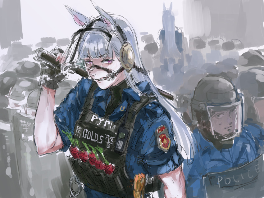 1boy 2girls animal_ears ballistic_shield baton_(weapon) black_gloves bridle clenched_teeth commentary crowd cuffs face_shield fingerless_gloves gloves gold_ship_(umamusume) grey_hair handcuffs helmet highres horse_ears horse_girl long_hair looking_at_another looking_at_viewer mask multiple_girls nervous osakana_(denpa_yun&#039;yun) over_shoulder police police_uniform policeman policewoman purple_eyes riot_police shield shield_wall sketch solo_focus sweatdrop symbol-only_commentary tall_female teamwork teeth turtleneck umamusume weapon weapon_over_shoulder