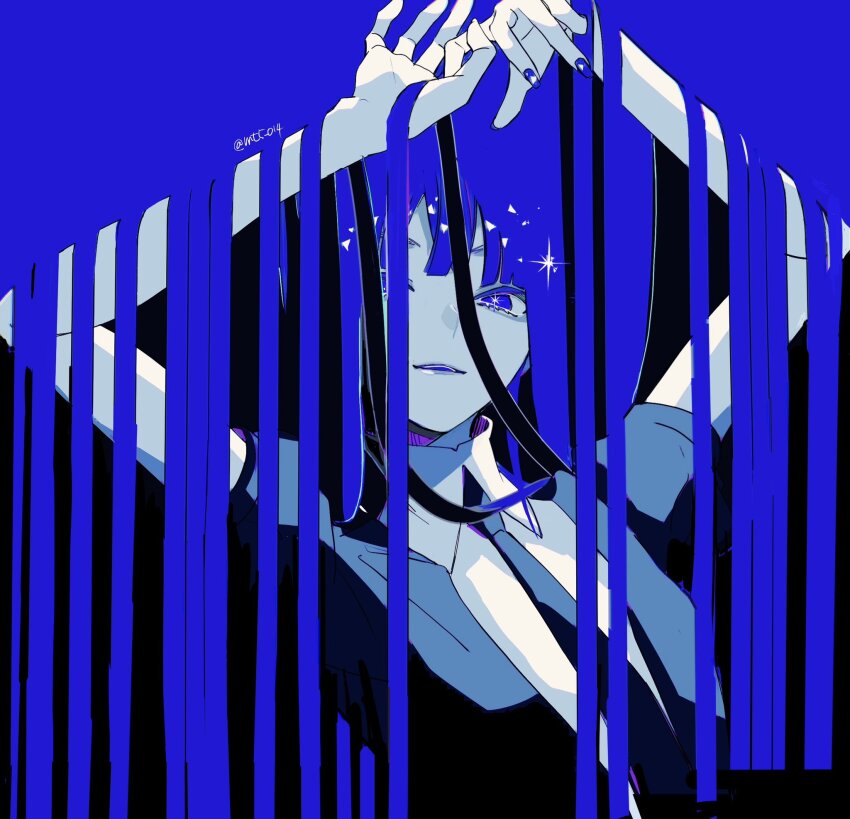 1other arms_up black_jacket black_necktie black_suit blue_background blue_eyes blue_hair blue_nails collared_shirt colored_skin formal_clothes gem_uniform_(houseki_no_kuni) hair_flowing_over highres houseki_no_kuni jacket lapis_lazuli_(houseki_no_kuni) long_hair looking_at_viewer mt5_014 necktie one_eye_covered other_focus shirt short_sleeves simple_background smile solo suit suit_jacket upper_body white_shirt white_skin