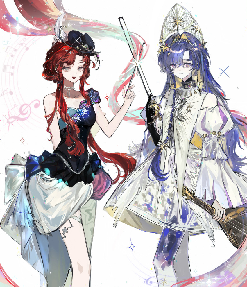 2girls :d absurdres barcarola_(reverse:1999) beamed_eighth_notes beamed_sixteenth_notes black_gloves black_hat blue_eyes blue_hair blue_shirt bow_(music) check_commentary colored_inner_hair commentary commentary_request dress feet_out_of_frame gloves gudok hair_ornament hand_up hat highres holding holding_bow_(music) holding_instrument instrument juliet_sleeves kokoshnik long_hair long_sleeves mini_hat miniskirt multicolored_hair multiple_girls musical_note musical_staff official_alternate_costume open_mouth pantyhose print_pantyhose puffy_sleeves red_hair reverse:1999 shirt short_sleeves single_bare_shoulder single_glove single_leg_pantyhose single_sleeve sixteenth_note skirt smile sparkle standing star_(symbol) star_hair_ornament starry_sky_print tilted_headwear treble_clef voyager_(reverse:1999) weiyan_(nbnbmwnl) white_background white_dress white_pantyhose white_skirt
