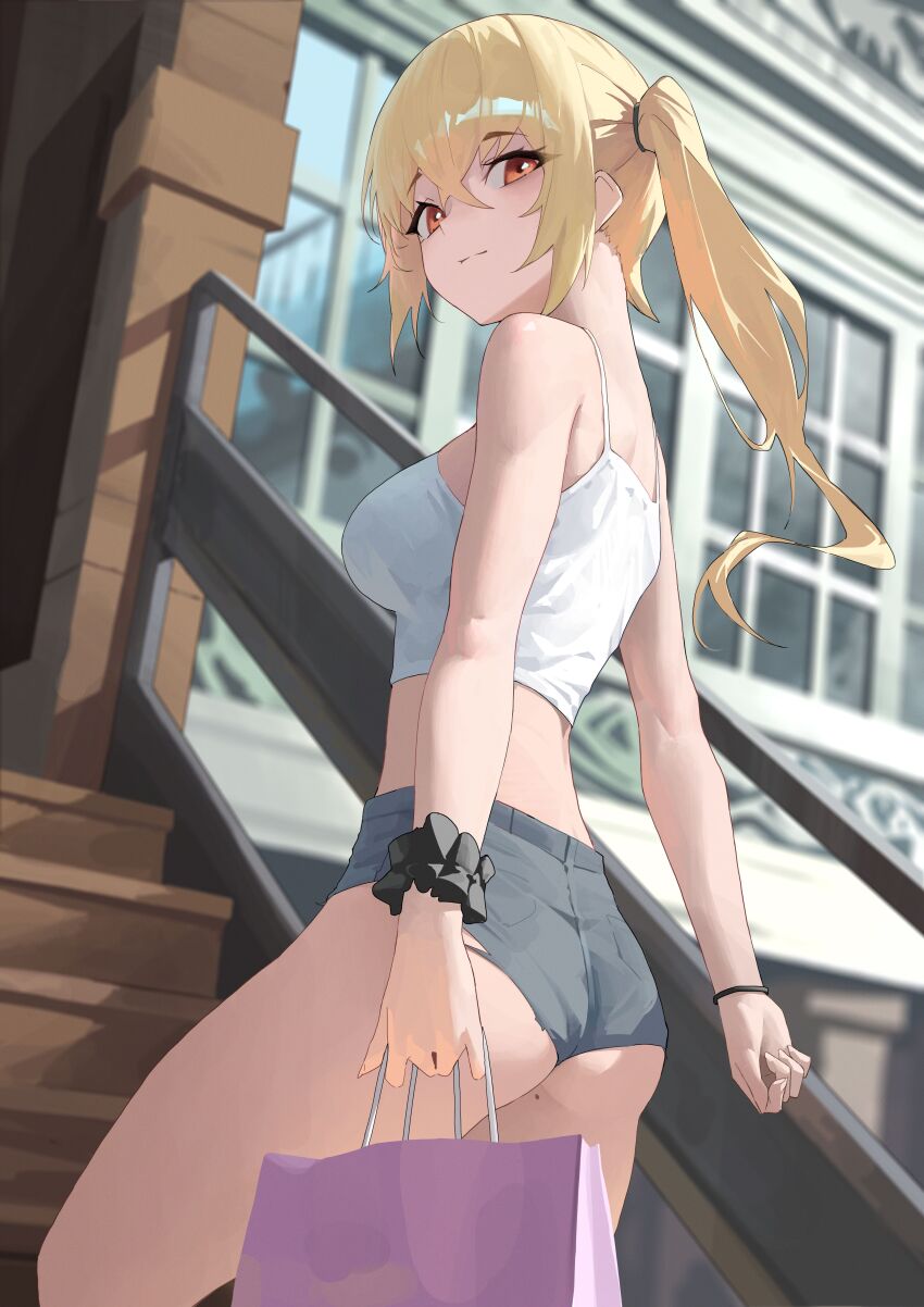 1girl absurdres alternate_costume ass bag black_shorts blonde_hair breasts camisole highres holding holding_bag hwan_(verypoor) korean_commentary looking_at_viewer looking_back luciana_de_montefio medium_breasts on_stairs red_eyes scrunchie shopping_bag short_shorts shorts side_ponytail solo white_camisole wrist_scrunchie zenless_zone_zero