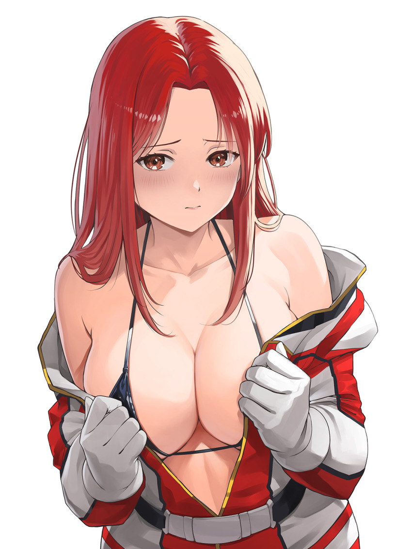 1girl bikini black_bikini blush breasts christina_mackenzie cleavage closed_mouth commentary_request earth_federation_space_forces gloves gundam gundam_0080 highres jchoy jumpsuit large_breasts long_hair looking_at_viewer mecha_pilot_suit parted_bangs red_hair red_jumpsuit solo swimsuit two-tone_jumpsuit undressing upper_body white_background white_gloves white_jumpsuit