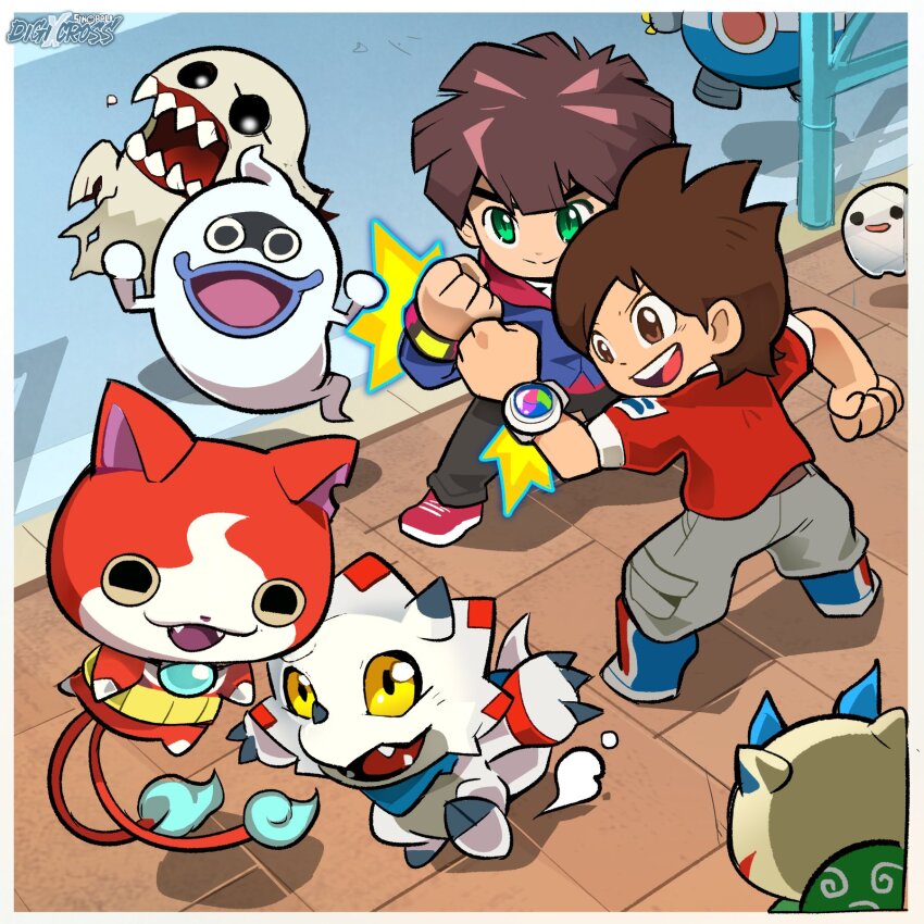 amano_keita amanokawa_hiro bakemon digimon digimon_(creature) digimon_ghost_game espimon floating gammamon highres jibanyan komasan poyomon sharp_teeth teeth traditional_youkai youkai_(youkai_watch) youkai_watch