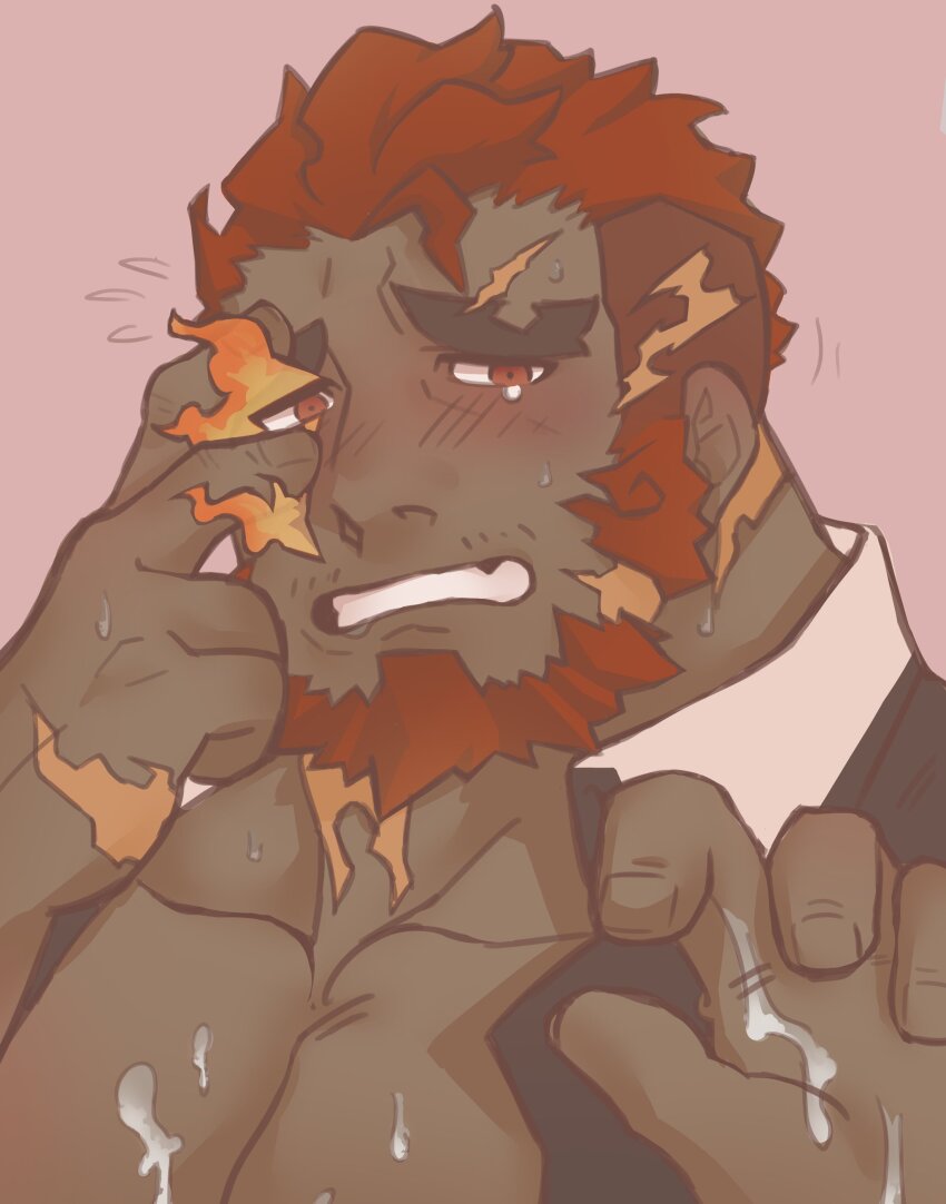 1boy absurdres beard cum cum_on_body cum_on_male cum_on_pectorals dark-skinned_male dark_skin eyebrow_cut facial_hair flaming_eye flying_sweatdrops full_beard hephaestus_(housamo) highres huge_eyebrows large_pectorals looking_at_viewer male_focus mature_male muscular muscular_male open_jumpsuit pectoral_cleavage pectorals portrait shy solo tearing_up thick_beard thick_neck tokyo_houkago_summoners very_dark_skin wanineko2001