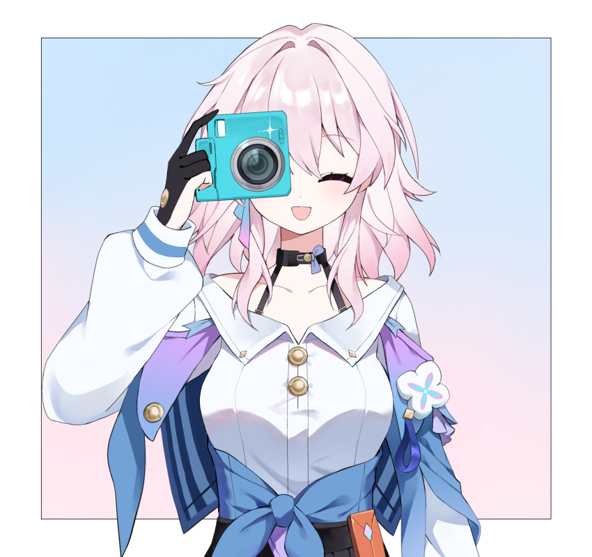 1girl ^_^ black_choker blue_background blue_jacket bra_strap breasts camera choker closed_eyes facing_viewer gradient_background hair_intakes highres holding holding_camera honkai:_star_rail honkai_(series) jacket long_sleeves march_7th_(honkai:_star_rail) march_7th_(preservation)_(honkai:_star_rail) medium_breasts medium_hair nirako_mona pink_background pink_hair shirt smile solo upper_body white_shirt