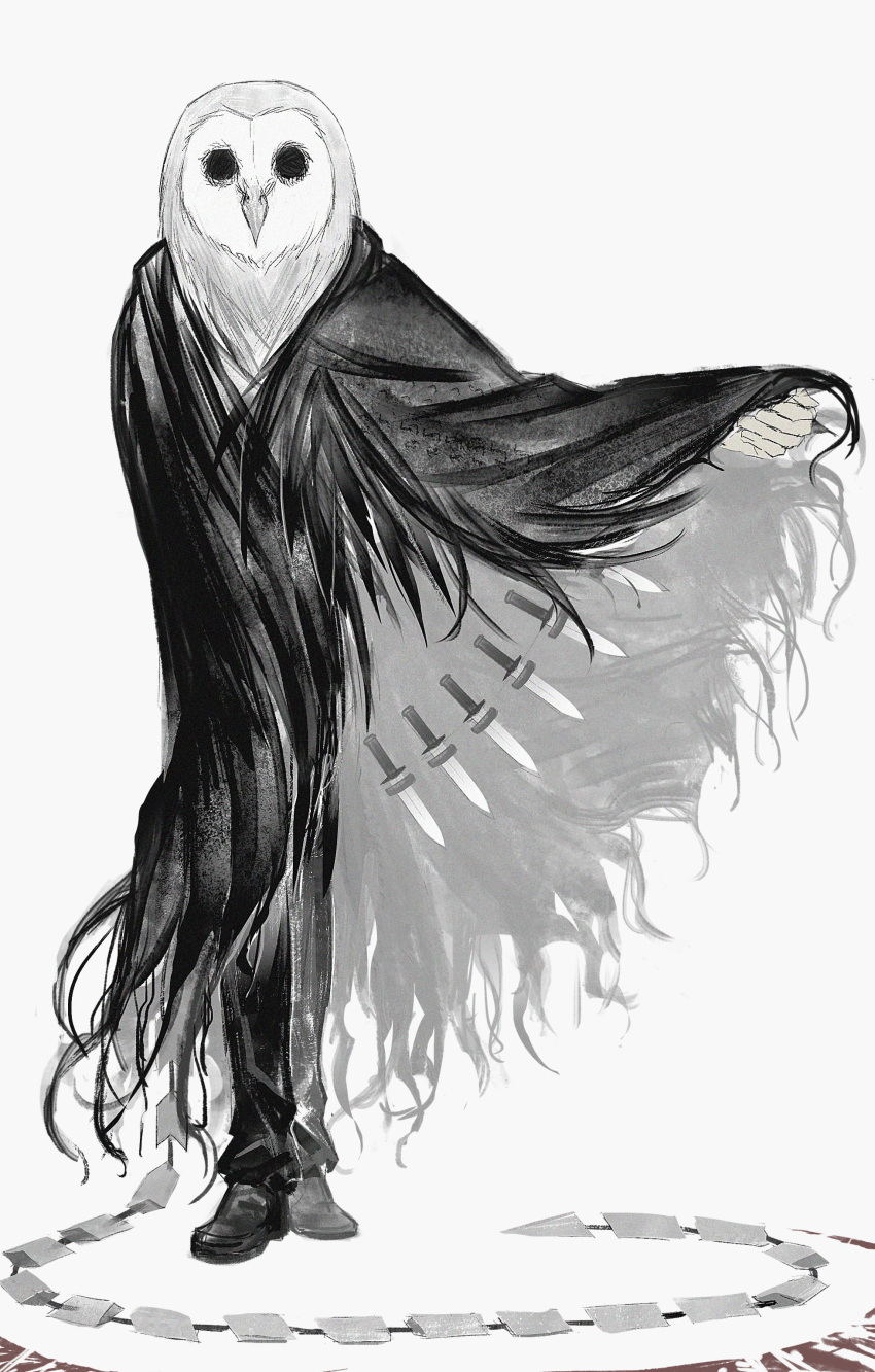 1boy absurdres animal_head bird black_cape black_feathers black_pants black_shoes black_souls black_souls_2 cape dagger empty_eyes feathers full_body highres knife looking_at_viewer lorde_(black_souls) owl owl_boy pants shoes sio2_(whynotkarma) solo weapon whip_sword