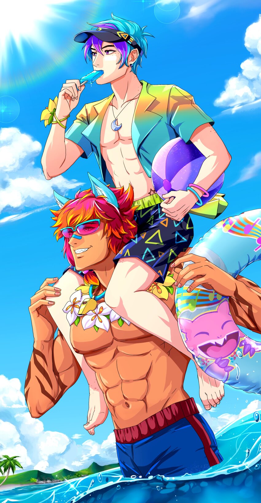 2boys abs absurdres alternate_costume animal animal_ear_fluff animal_ears aphelios arm_tattoo arm_up arms_up ball bandaid bandaid_on_face bandaid_on_nose beachball black_hat blue-framed_eyewear blue_hair blue_swim_trunks bracelet carrying cloud collared_shirt commentary crescent_moon curled_fingers ear_piercing earrings eating english_commentary explorevandis eyes_visible_through_eyewear flower flower_necklace flower_wristband food food_in_mouth freckles glasses grin groin hand_on_another&#039;s_knee hat highres holding holding_ball holding_beachball holding_food holding_swim_ring in_water innertube jewelry league_of_legends lens_flare looking_to_the_side male_focus male_swimwear moon mountain mountainous_horizon multicolored_clothes multicolored_hair multiple_boys multiple_bracelets musical_note navel necklace nipples official_alternate_costume open_clothes open_shirt palm_tree pectorals piercing piggyback pool_party_sett popsicle purple_eyes red-tinted_eyewear red_hair red_stripes sett_(league_of_legends) sharp_teeth shirt short_sleeves sideways_glance single_earring sky smile striped_male_swimwear summer sun swim_ring swim_trunks tattoo teeth tinted_eyewear topless_male tree visor_cap water water_drop whistle whistle_around_neck white_flower wristband yellow_flower