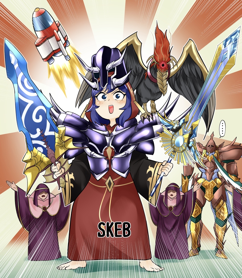 1boy 1girl 2others absurdres armor barefoot commission dual_wielding duel_monster dunnel_the_noble_arms_of_light emphasis_lines full_body highres holding lo_the_prayers_of_the_voiceless_voice mage_power metalsilver_armor multiple_others red_robe robe rocket sawan_cutman skeb_commission skull_guardian_protector_of_the_voiceless_voice smile standing supermagic_sword_of_raptinus vengeful_servant watermark yu-gi-oh!