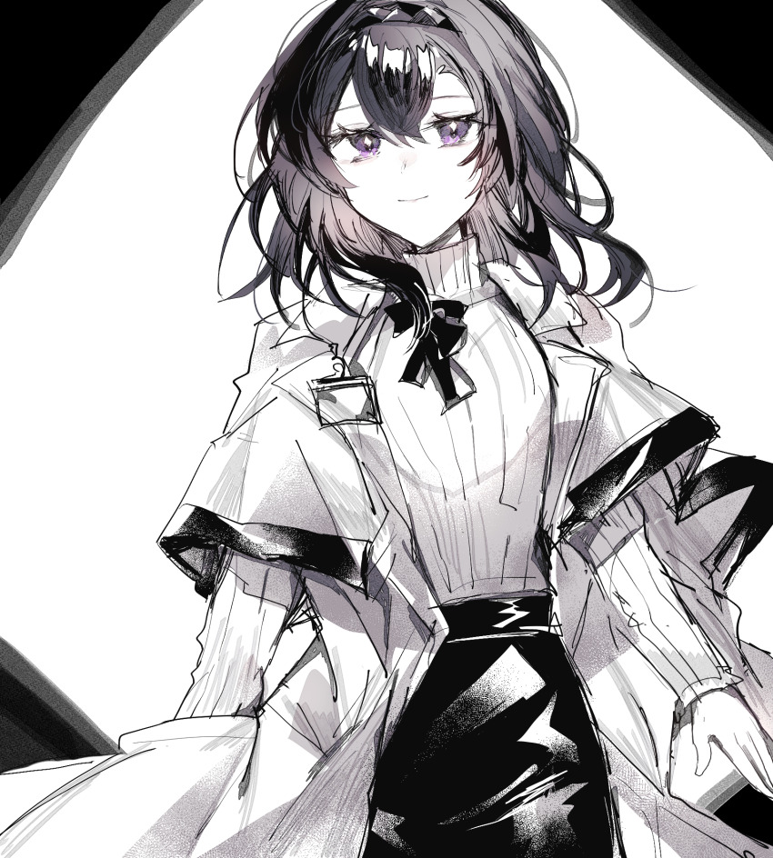 1girl arknights black_hair black_skirt closed_mouth coat commentary cowboy_shot fumi_(rdbm) hair_between_eyes highres lab_coat light_smile long_sleeves medium_hair open_clothes open_coat priestess_(arknights) purple_eyes sketch skirt solo standing sweater turtleneck turtleneck_sweater white_background white_coat white_sweater