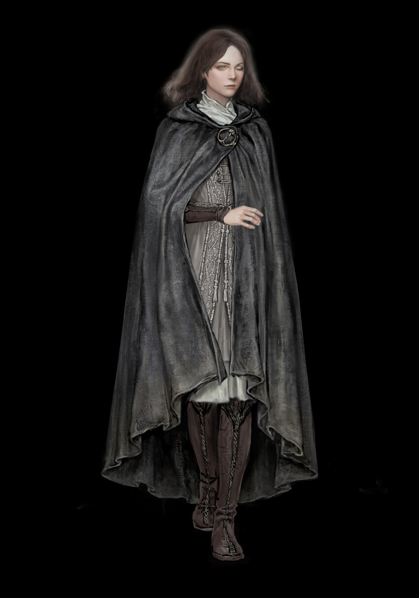 1girl absurdres black_background black_cloak boots bracer brooch brown_boots brown_hair cape cloak closed_mouth dress elden_ring facial_tattoo full_body highres hood hooded_cape jewelry looking_at_viewer medium_hair melina_(elden_ring) one-eyed one_eye_closed parted_bangs robinrot solo standing tattoo white_dress