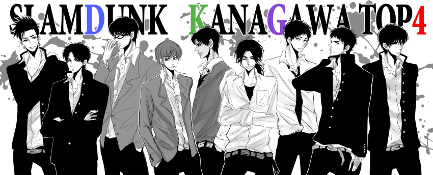 6+boys adjusting_eyewear asymmetrical_hair belt belt_buckle blazer blood blood_splatter breast_pocket buckle buttons character_request collarbone collared_jacket collared_shirt copyright_name cowboy_shot crossed_arms dark-skinned_male dark_skin expressionless from_side gakuran glasses greyscale hand_in_pocket hands_in_pockets height_difference high_collar highres hisa_(new_chinbura) jacket jin_souichirou lapels layered_sleeves long_hair long_sleeves looking_at_viewer low_ponytail maki_shin&#039;ichi male_focus mitsui_hisashi monochrome multiple_boys necktie notched_lapels one-eyed open_clothes open_jacket pants parted_lips partially_unbuttoned pocket pointy_nose ponytail rukawa_kaede school_uniform sendou_akira shirt short_hair slam_dunk_(series) smirk spiked_hair spot_color standing sweatdrop sweater_vest tank_top thick_eyebrows v-neck white_background