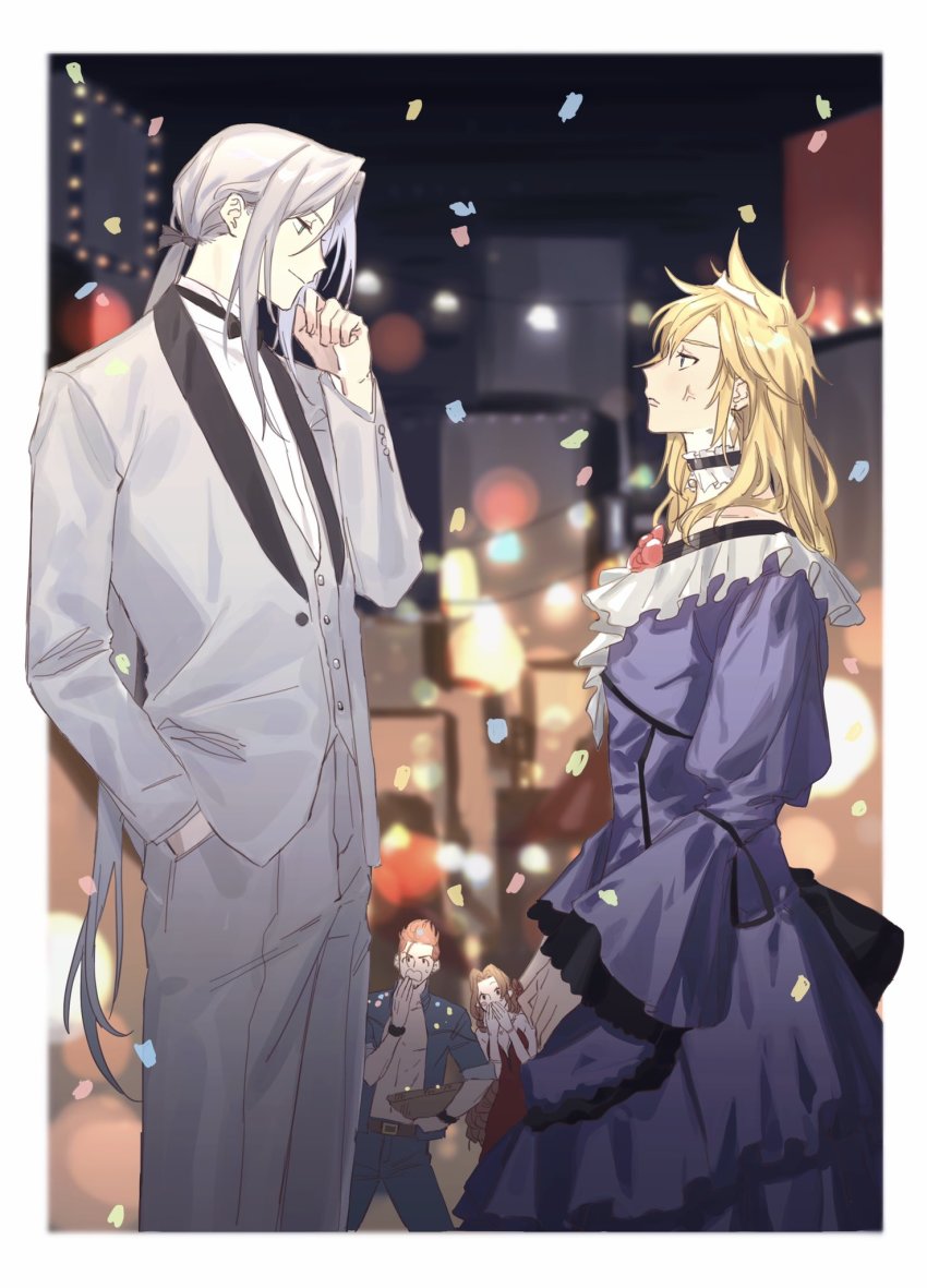 1girl 3boys aerith_gainsborough aerith_gainsborough_(red_dress) alternate_costume alternate_hairstyle anger_vein bad_id bad_twitter_id blonde_hair brown_hair closed_mouth cloud_strife cloud_strife_(ball_gown) confetti crossdressing dress earrings final_fantasy final_fantasy_vii final_fantasy_vii_remake frilled_dress frills hair_ribbon hand_in_pocket highres jacket jewelry johnny_(ff7) long_hair multiple_boys multiple_girls open_mouth pants poi_poifu ponytail purple_dress red_dress red_hair ribbon sephiroth silver_hair wall_market