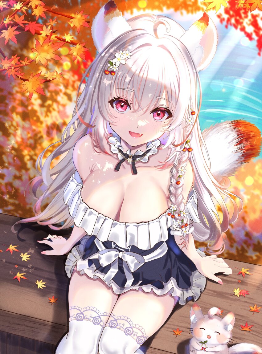 1girl :d absurdres animal_ears autumn_leaves bare_shoulders bench black_dress blurry blurry_background braid breasts cherry_hair_ornament cleavage collarbone criss-cross_strings cross-laced_clothes cross-laced_dress detached_collar dress fang feet_out_of_frame flower food-themed_hair_ornament frilled_dress frills from_above gradient_hair gradient_tail hair_between_eyes hair_flower hair_ornament highres indie_virtual_youtuber lace lace-trimmed_thighhighs lace_trim leaf long_bangs long_hair looking_at_viewer mascot medium_breasts mole mole_under_eye multicolored_hair nail_polish neck_ribbon nga_rau off-shoulder_dress off_shoulder on_bench open_mouth pink_nails pond red_eyes ribbon second-party_source side_braid sitting smile solo squirrel squirrel_ears squirrel_girl squirrel_tail tail thighhighs two-tone_dress virtual_youtuber waist_ribbon white_hair white_ribbon white_thighhighs wooden_bench zea_(zeamilky)