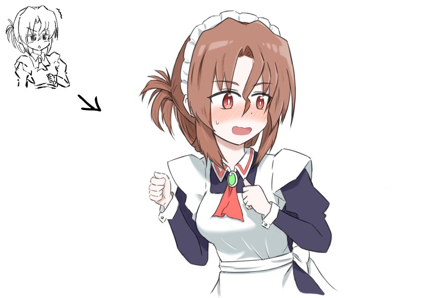 1girl absurdres apron blush brown_hair dress embarrassed folded_ponytail hayate_no_gotoku! highres jewelry juliet_sleeves long_hair long_sleeves maid maid_headdress maria_(hayate_no_gotoku!) open_mouth puffy_sleeves red_eyes solo upper_body