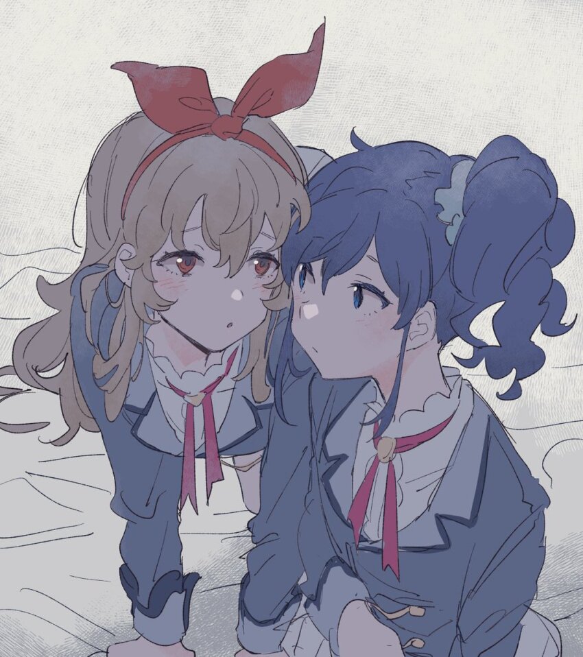 2girls aikatsu! aikatsu!_(series) all_fours arm_support bad_id bad_twitter_id bed_sheet blonde_hair blue_eyes blue_hair blue_jacket closed_mouth hair_ornament hair_scrunchie highres hoshimiya_ichigo image_sample jacket kiriya_aoi long_hair long_sleeves looking_at_another multiple_girls neck_ribbon on_bed open_mouth red_eyes red_ribbon ribbon school_uniform scrunchie shiontaso shirt side_ponytail starlight_academy_school_uniform twitter_sample white_shirt