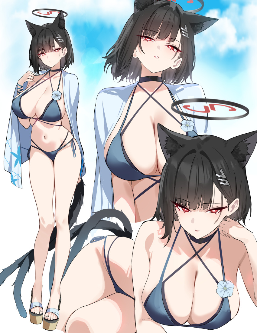 1girl absurdres alternate_costume alternate_hair_length alternate_hairstyle animal_ear_fluff animal_ears bikini black_bikini black_choker black_hair black_halo black_tail blue_archive blue_bikini blue_tail breasts bright_pupils brown_sandals cape cat_ears cat_girl cat_tail choker cleavage cosplay criss-cross_halter extra_ears full_body gradient_tail hair_intakes hair_ornament hairpin halo halterneck highres kemonomimi_mode kikyou_(blue_archive) kikyou_(blue_archive)_(cosplay) kikyou_(swimsuit)_(blue_archive) large_breasts layered_bikini legs looking_at_viewer multiple_tails multiple_views navel red_eyes rio_(blue_archive) sandals shigure_s short_hair standing stomach swimsuit tail thighs toes two_tails white_cape white_pupils