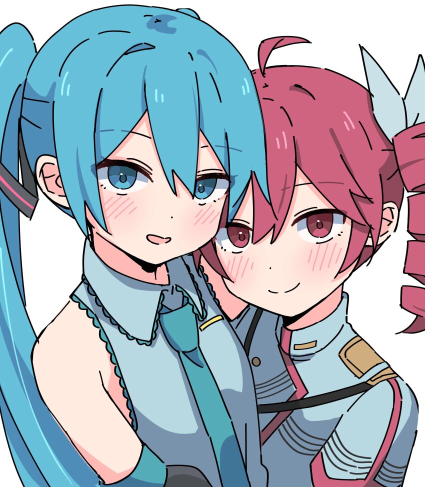 2girls absurdres ahoge auhuheben17 bare_shoulders black_bow blue_hair blue_necktie blush bow closed_mouth collared_shirt drill_hair grey_jacket grey_shirt hair_between_eyes hair_bow hashtag-only_commentary hatsune_miku highres jacket kasane_teto kasane_teto_(sv) layered_sleeves multiple_girls necktie red_eyes red_hair shirt shoulder_belt shoulder_boards simple_background smile synthesizer_v twin_drills twintails utau vocaloid white_background white_bow wing_collar