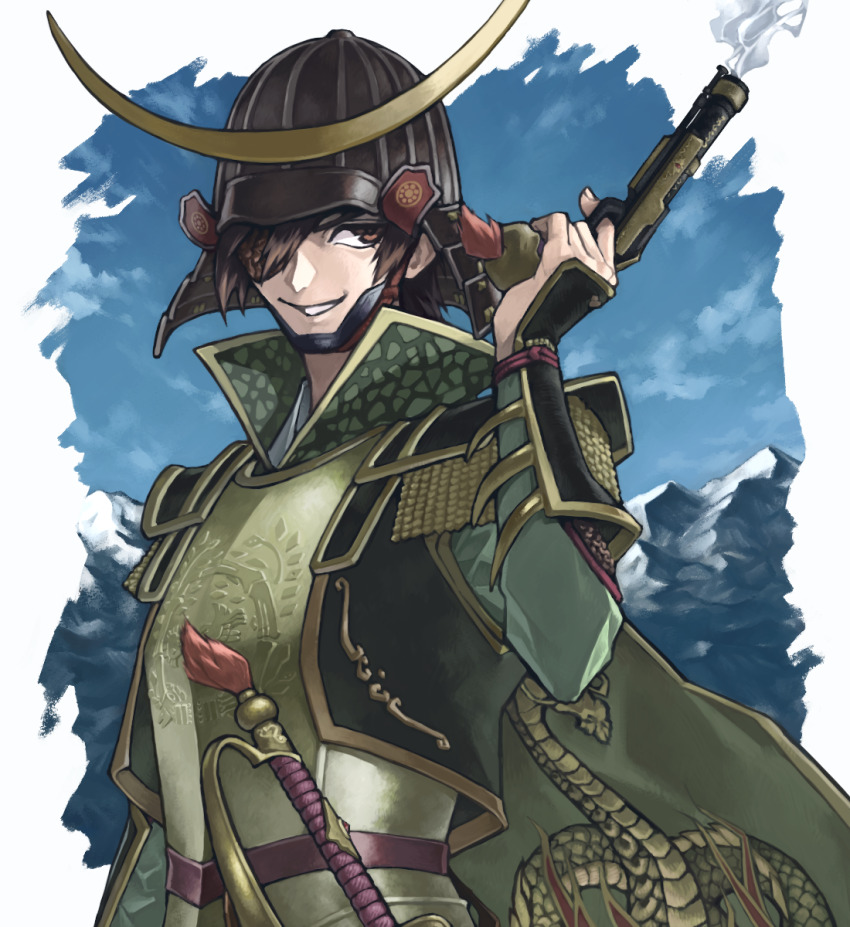 armor brown_eyes brown_hair cape date_masamune epaulettes eyepatch gun handgun helmet highres male_focus mountain pistol rain sengoku_musou smile swept_bangs sword weapon